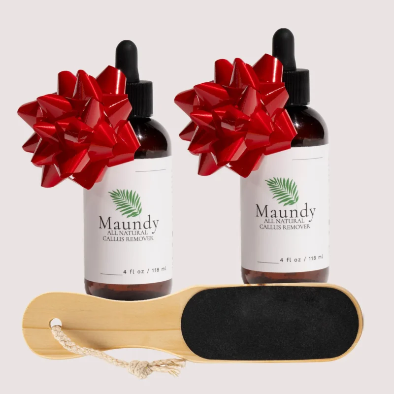 Two bottles of Maundy's callus remover and a paddle